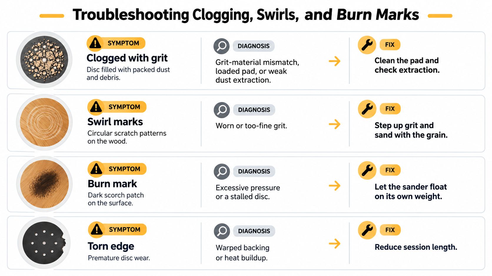 A troubleshooting chart showing symptoms, diagnoses, and fixes for common sandpaper issues like clogging, swirls, and burns.