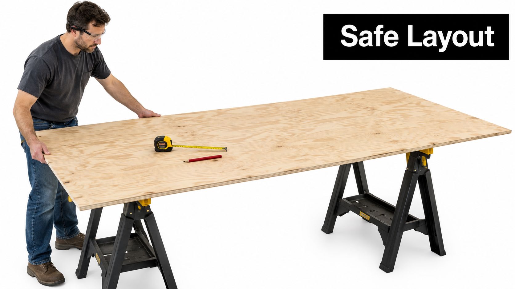 A man wearing safety glasses sets up a large sheet of plywood on two sawhorses for cutting.