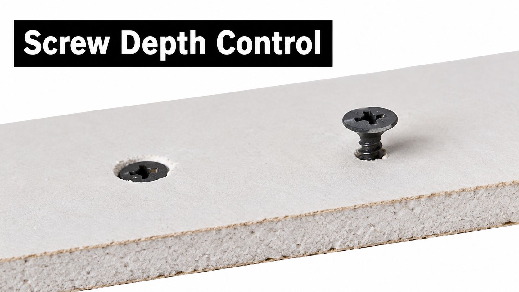 A close-up view of two black drywall screws inserted into a sheet of gypsum board, demonstrating proper depth.