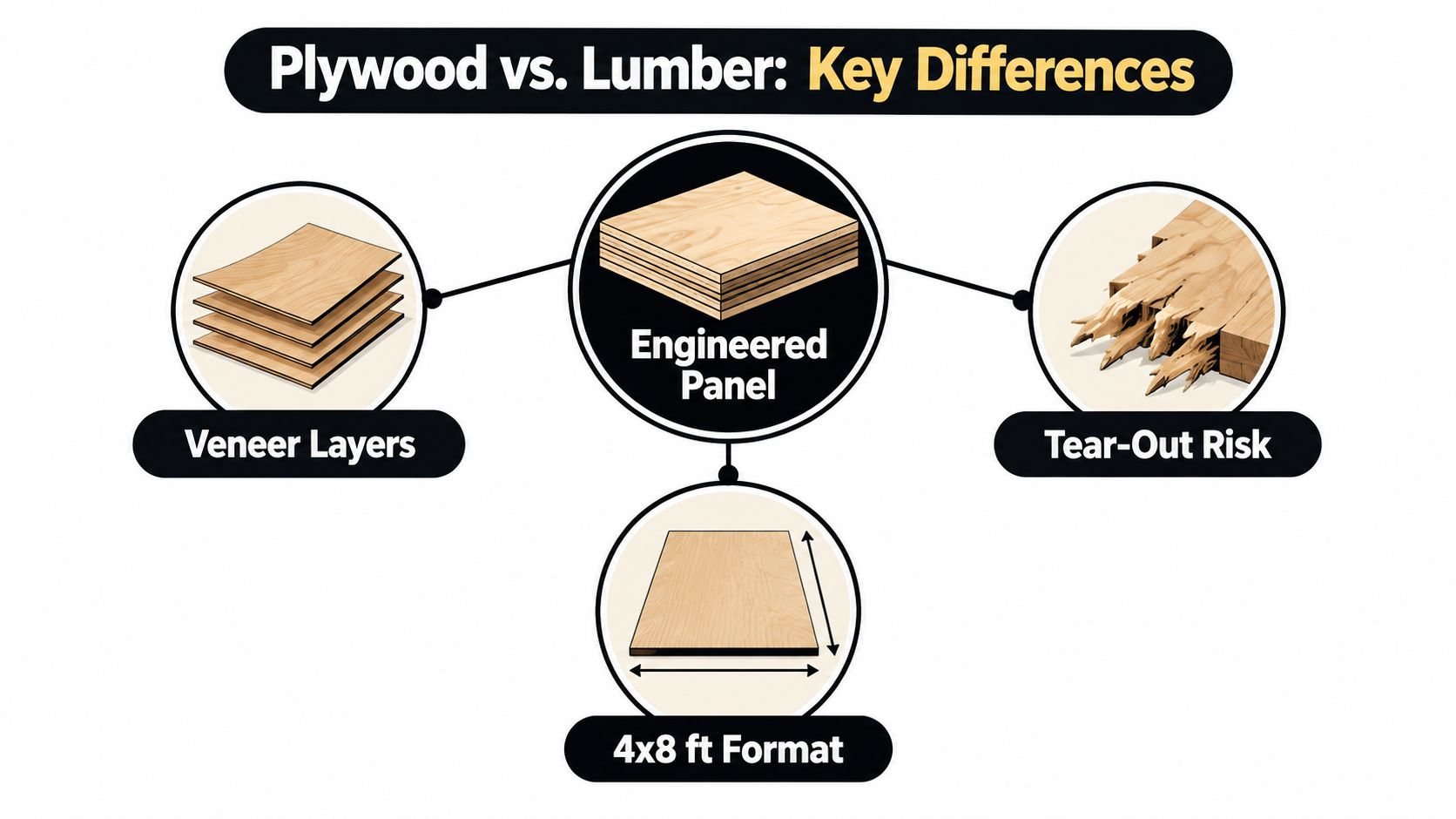 A diagram comparing plywood to lumber, highlighting veneer layers, tear-out risks, and standard sheet dimensions.
