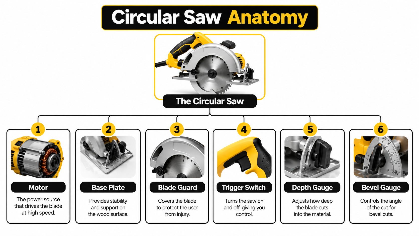 A diagram titled Circular Saw Anatomy labeling the key parts of a circular saw for beginners.