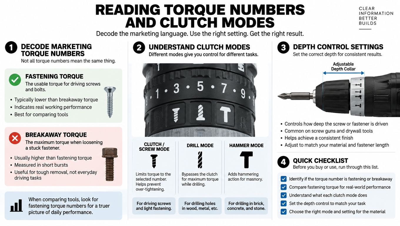 An infographic explaining how to read torque numbers and understand drill clutch modes for better tool usage.