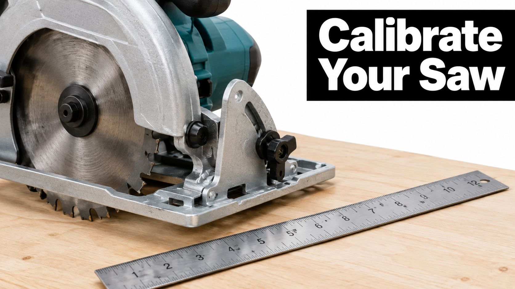 A circular saw placed on a wooden surface next to a metal ruler for calibration.
