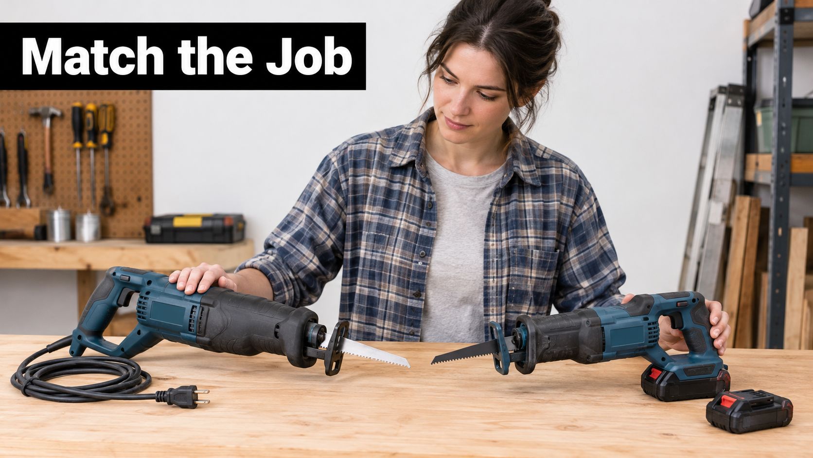 A woman comparing a corded electric reciprocating saw and a battery-powered cordless reciprocating saw on a workbench.