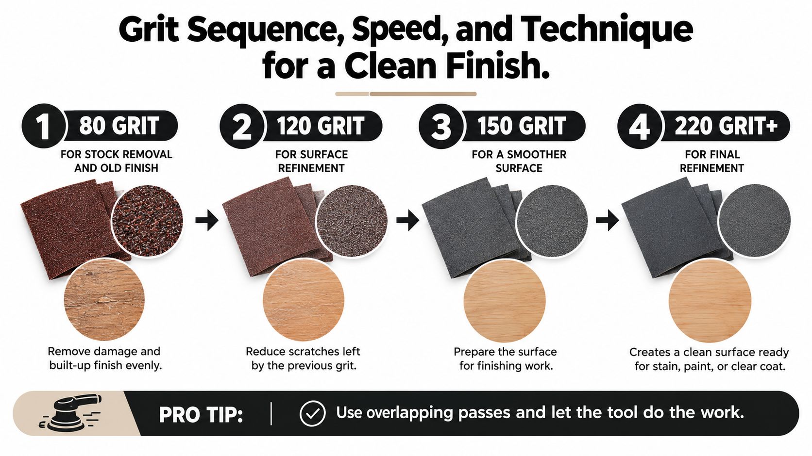 A sanding guide illustrating the grit sequence from 80 to 220+ for achieving a smooth wood finish.