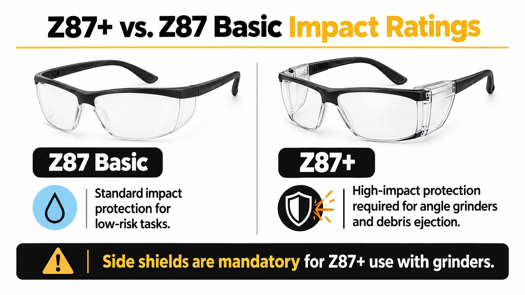 A comparison chart highlighting the differences between standard Z87 basic and high-impact Z87+ safety glasses for grinders.