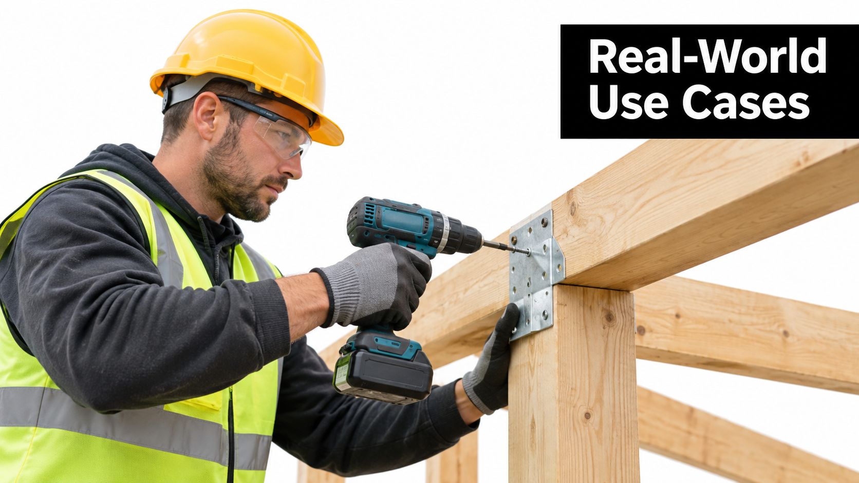A construction worker wearing a yellow hard hat and safety glasses using a cordless drill on lumber.