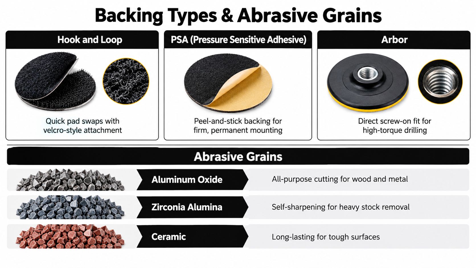 A guide illustrating different abrasive disc backing types and abrasive grain materials for sanding applications.
