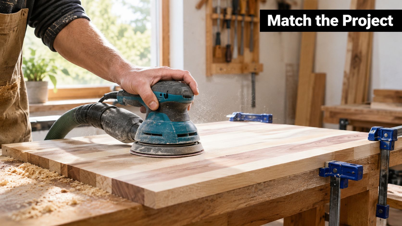 A woodworker uses a blue random orbital sander to smooth a wooden board in a workshop.