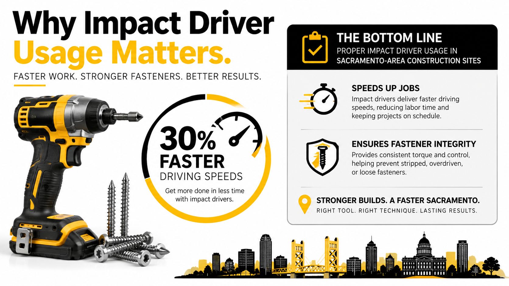 An infographic highlighting the benefits of using impact drivers for faster and more efficient construction work.