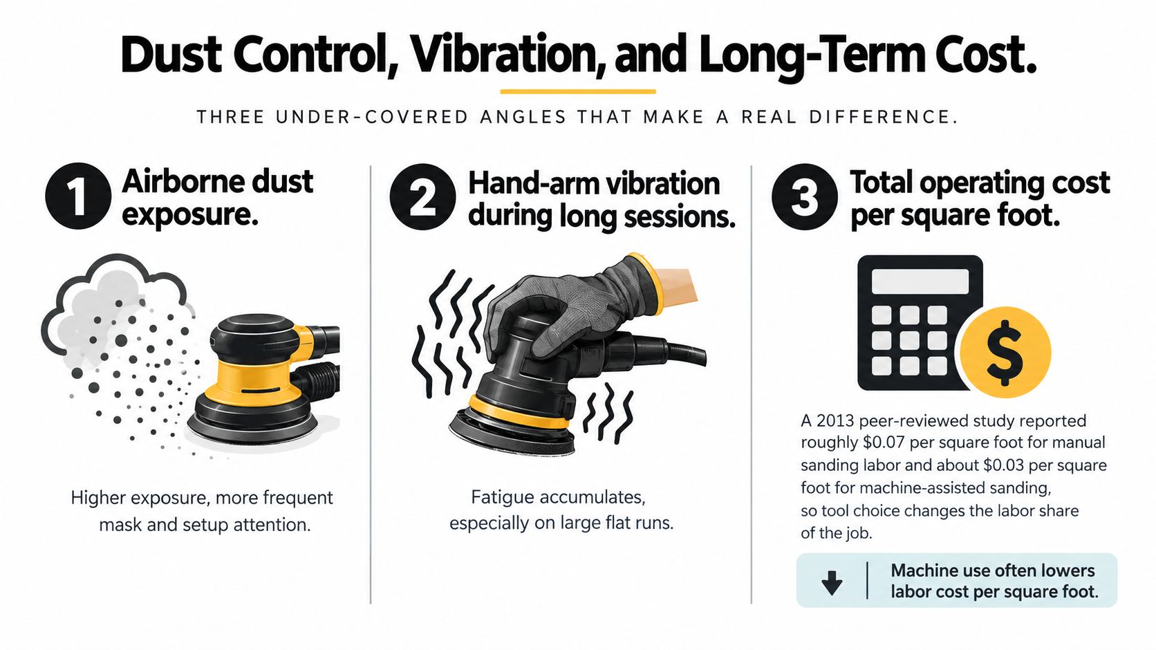 An infographic detailing the benefits of using power sanders, focusing on dust control, vibration, and operating costs.