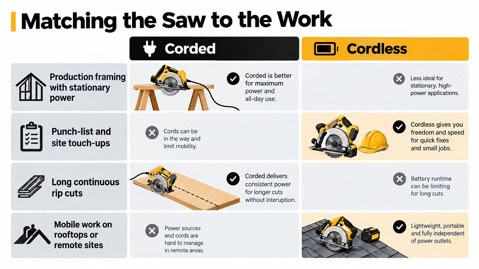 A comparison chart showing when to use corded versus cordless circular saws for different construction tasks.