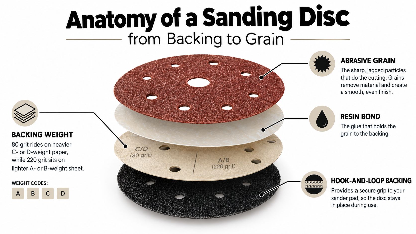 A diagram illustrating the layered anatomy of a sanding disc, highlighting abrasive grain, resin bond, and backing.