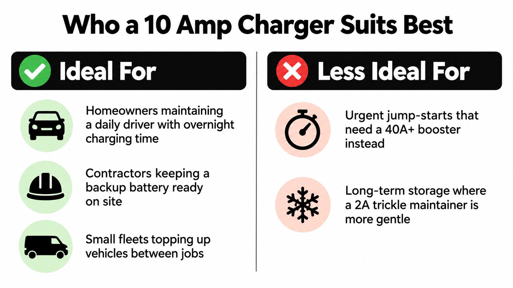 A comparison chart showing scenarios where a 10 amp battery charger is ideal or less ideal.