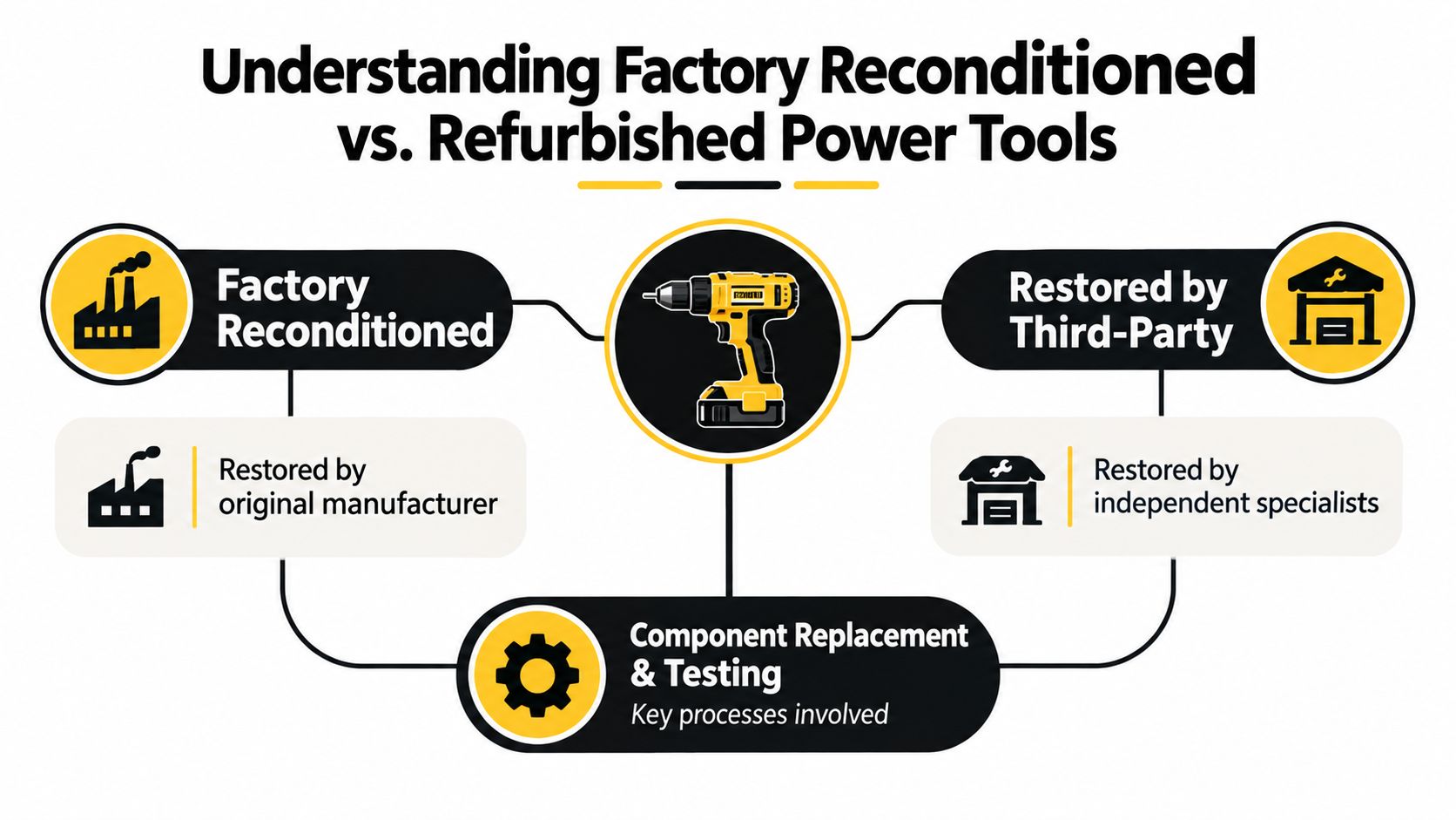An infographic comparing factory reconditioned tools by manufacturers to tools refurbished by independent third-party specialists.