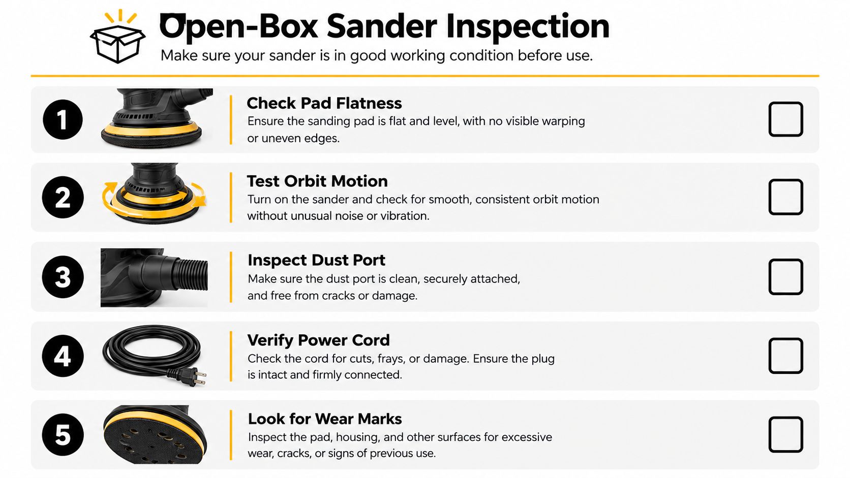 A checklist guide for inspecting an open-box random orbital sander to ensure it is in good condition.