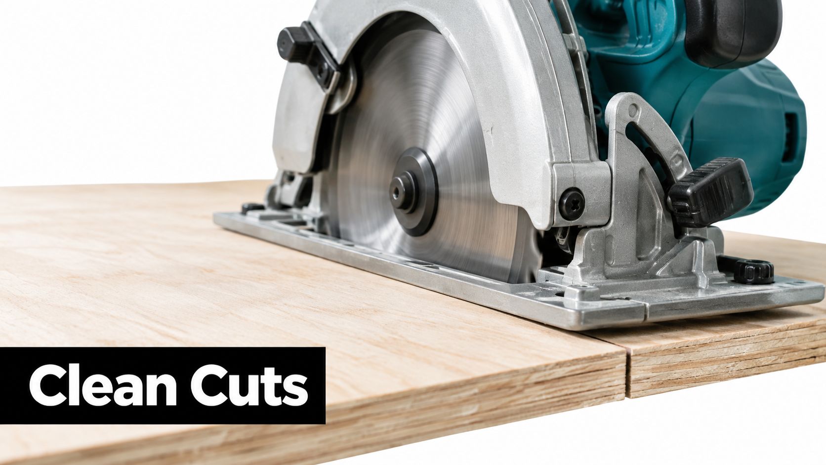 A close-up view of a circular saw cutting through a sheet of plywood for clean cuts.
