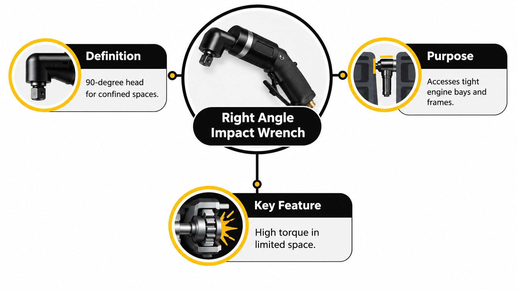 A diagram illustrating the features, purpose, and definition of a right angle impact wrench.