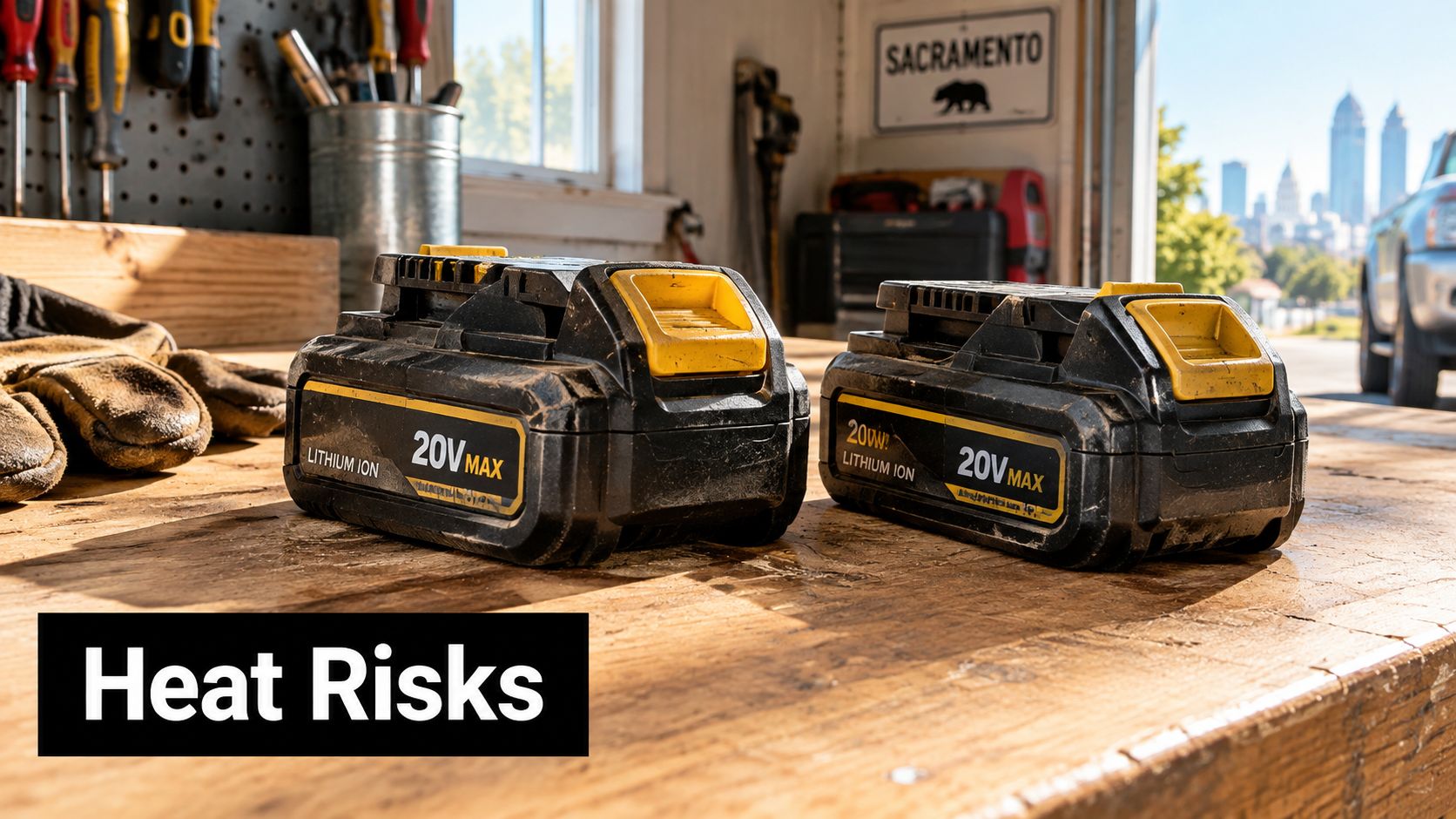 Two black and yellow 20V lithium-ion power tool batteries sitting on a wooden workshop table.