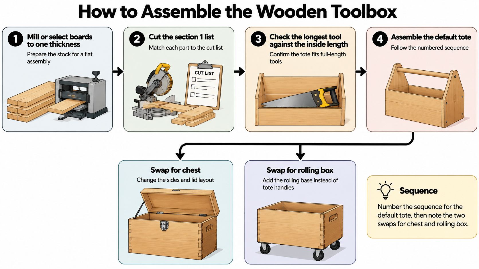 An infographic illustrating the four-step assembly process for building a wooden toolbox with optional variations.