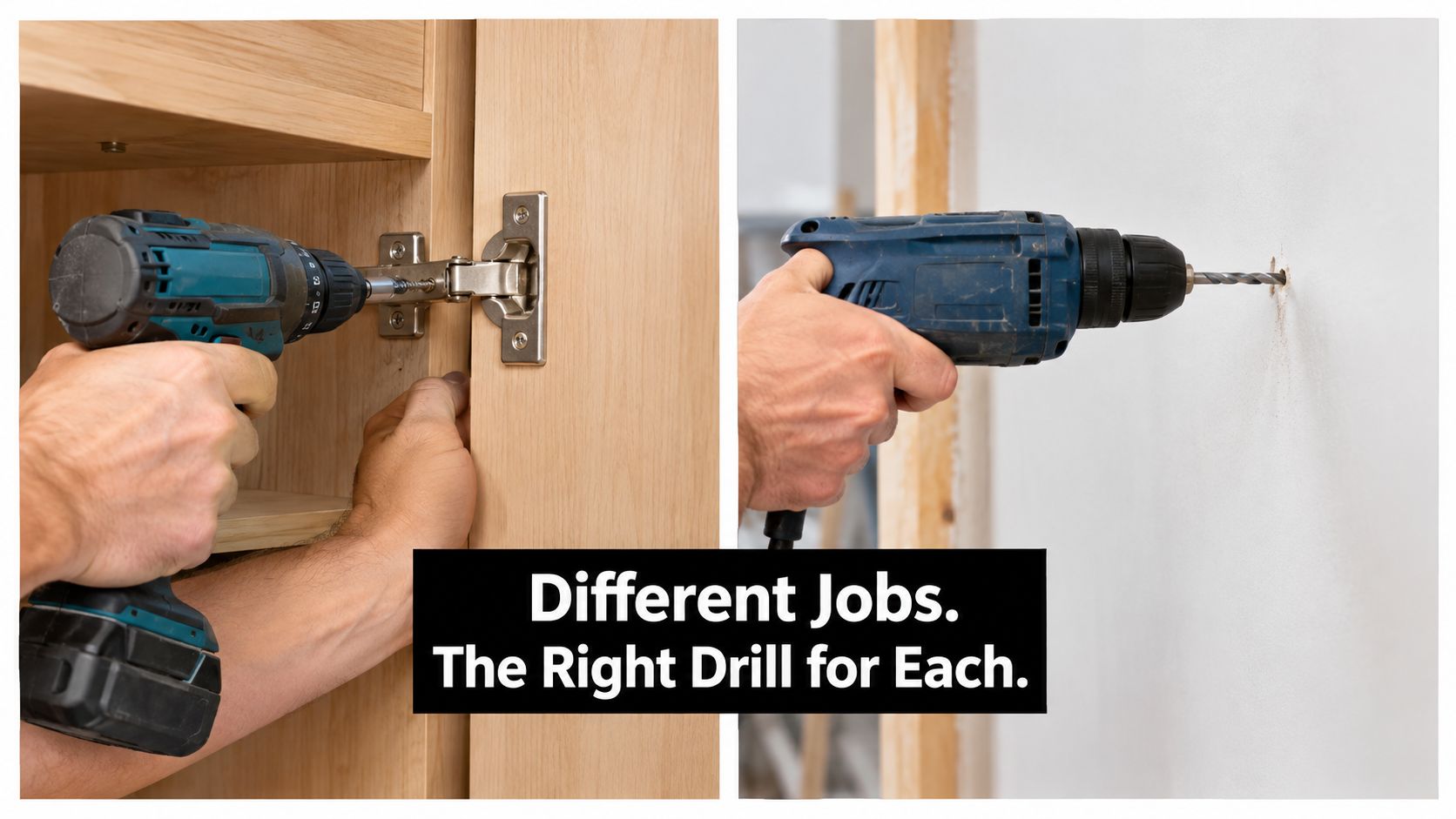 A split screen comparing a cordless drill driving a screw into wood and a corded drill boring a hole into a wall.