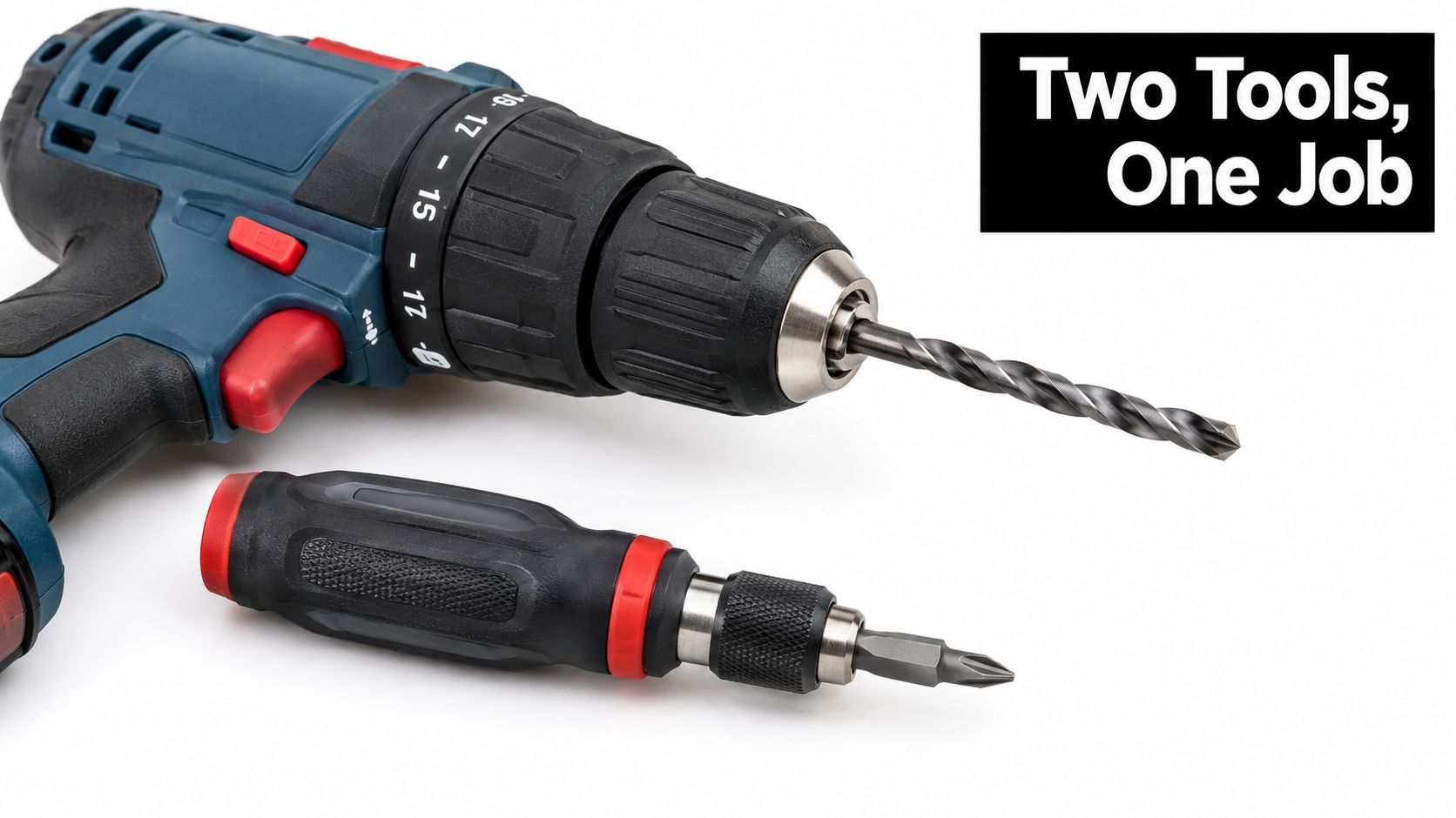 A cordless power drill and a manual screwdriver placed on a clean white studio background.