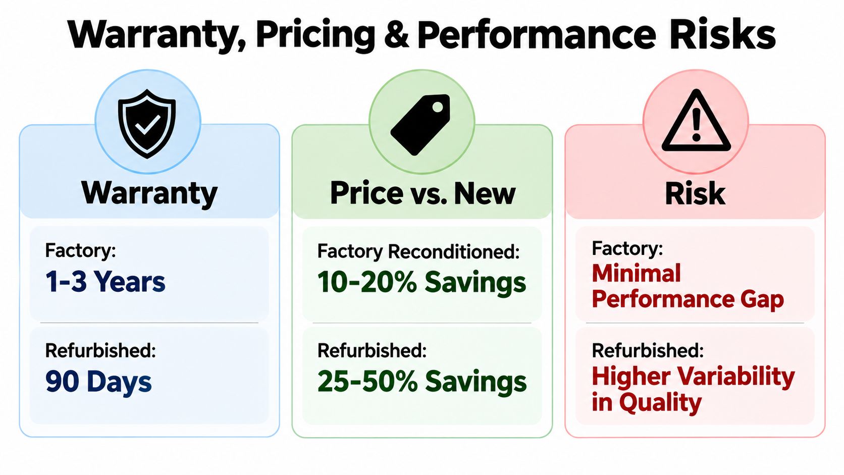 A comparison chart highlighting warranty periods, pricing savings, and performance risks for factory reconditioned versus refurbished products.