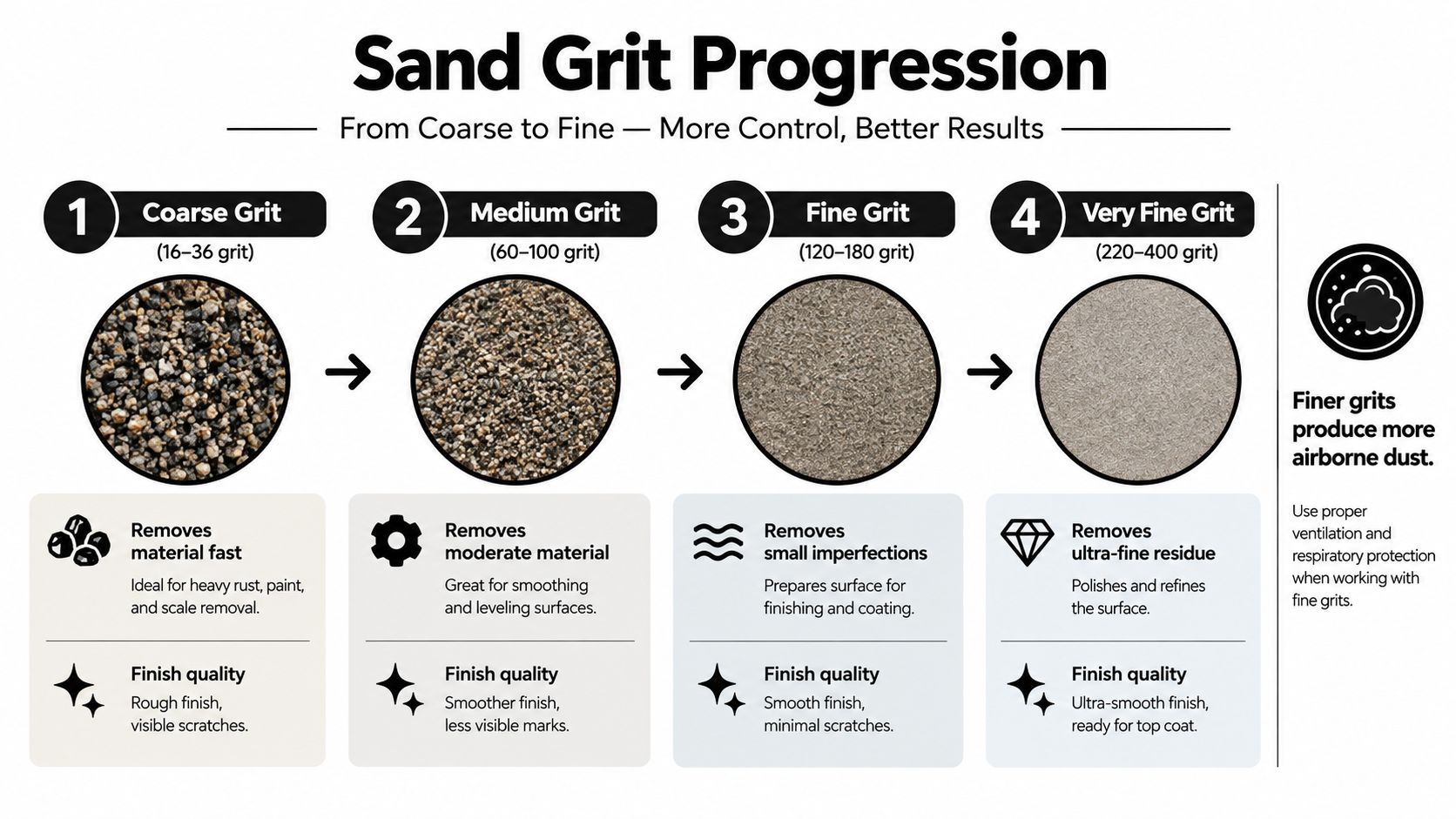 An infographic chart displaying a sand grit progression from coarse to fine with explanations for each level.