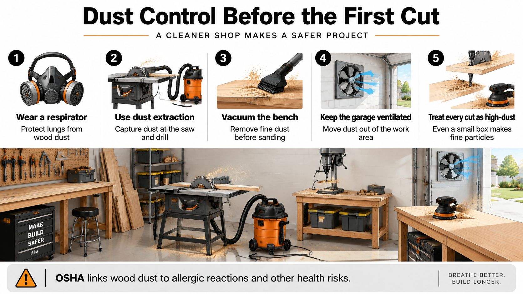 A visual guide for workshop dust control, highlighting five essential safety tips for woodworking hobbyists and professionals.