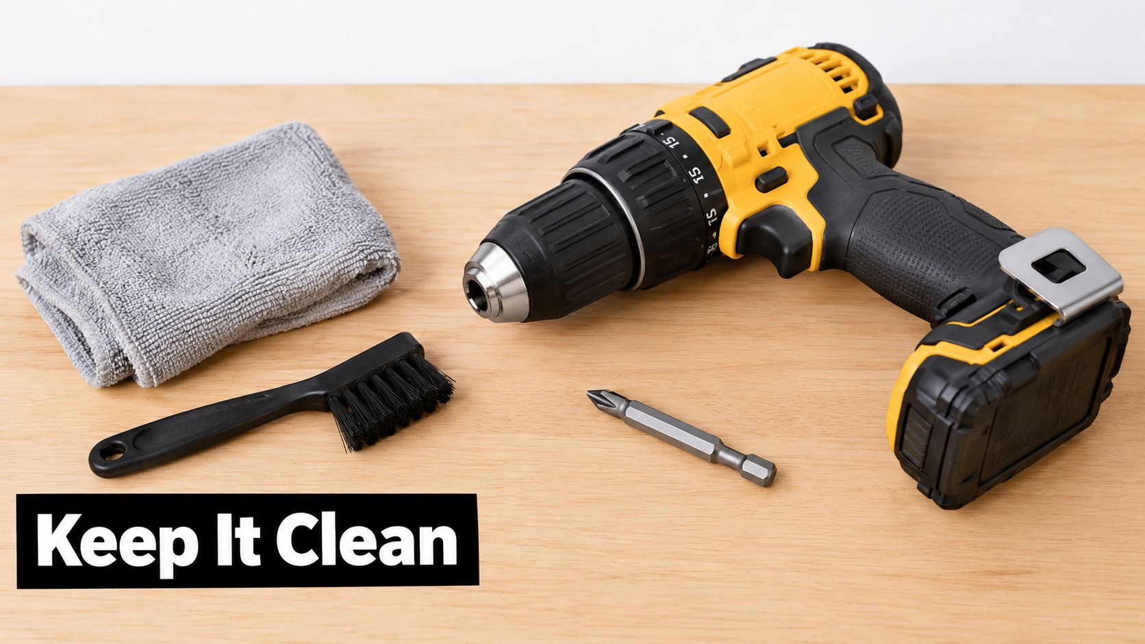A cordless power drill, a screwdriver bit, a cleaning brush, and a cloth on a wooden table.