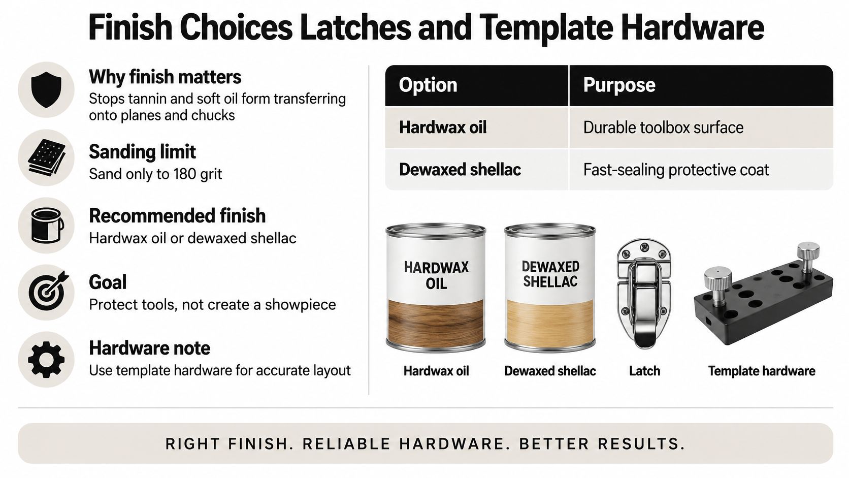 An infographic detailing recommended wood finishes and hardware for DIY tool boxes to protect against damage.