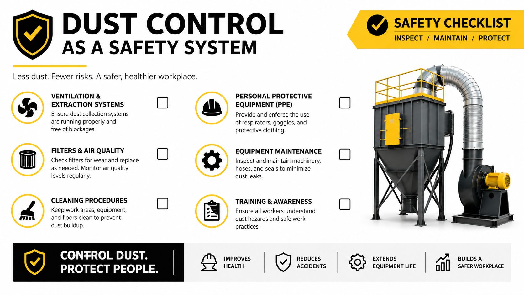 A safety checklist infographic illustrating dust control measures to create a safer and healthier workplace environment.
