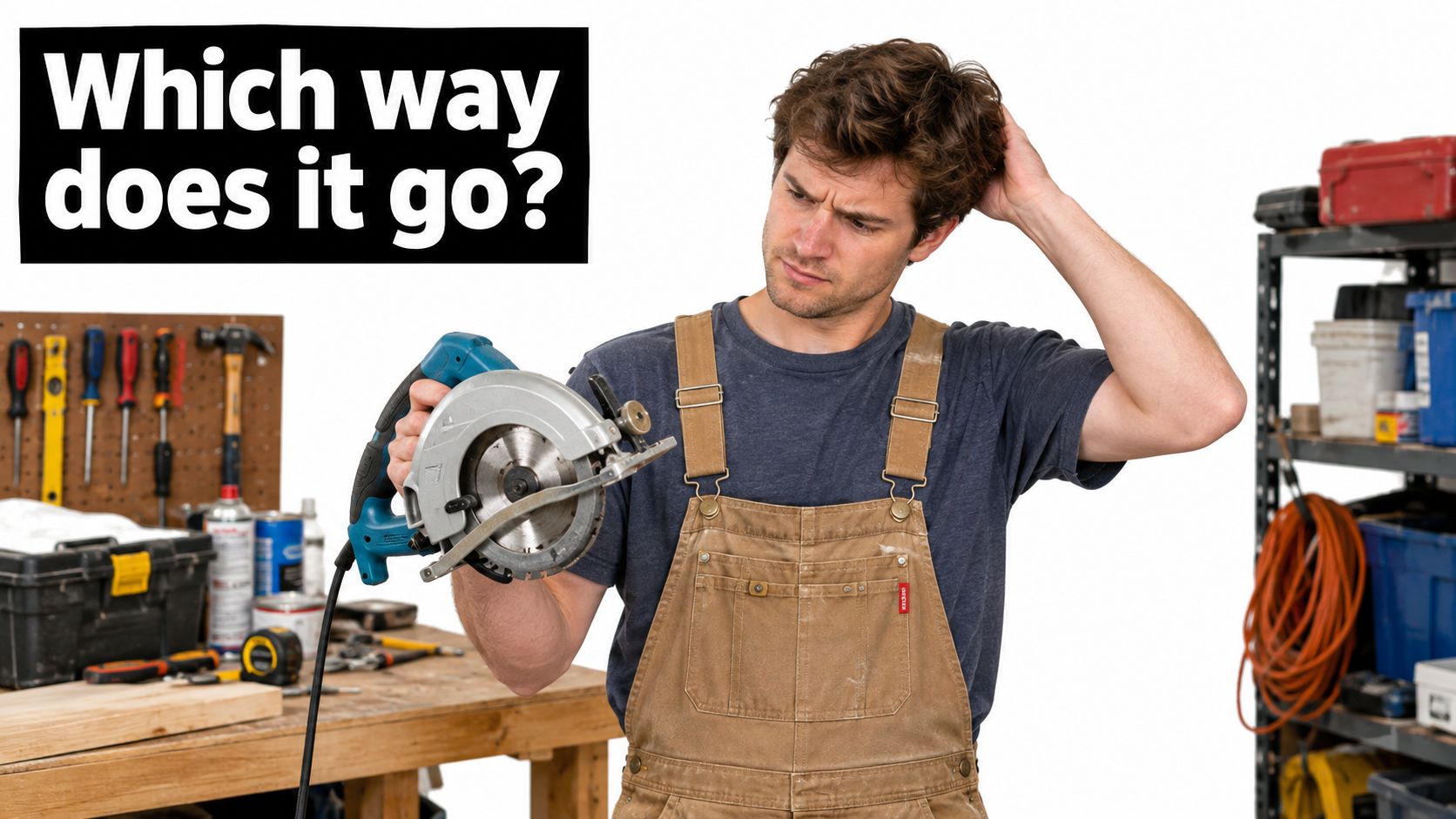 A confused young man in work overalls holding a circular saw while looking at it intently.