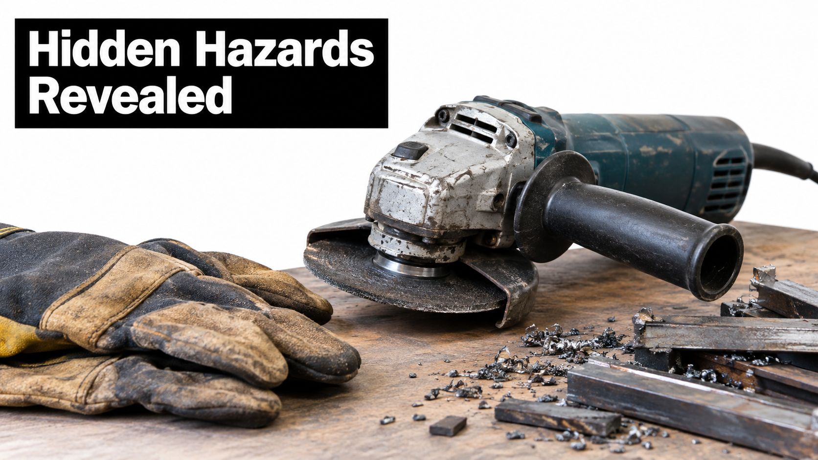 An angle grinder tool rests on a wooden workbench next to protective leather work gloves and metal debris.
