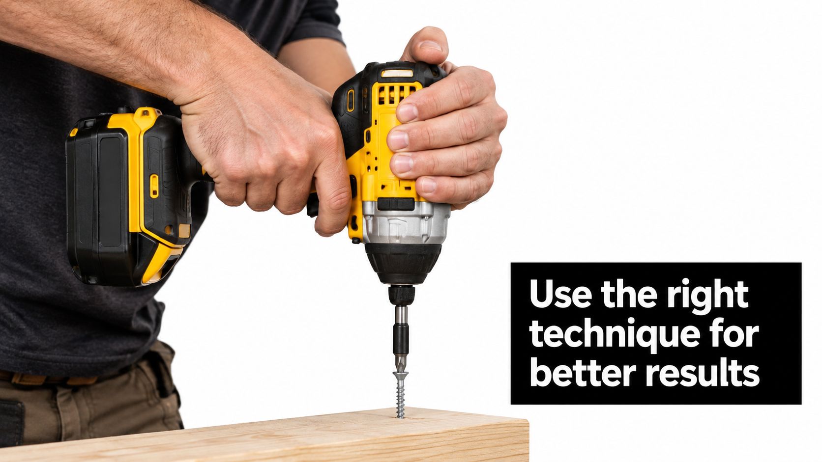 A close-up shot of a person using a cordless yellow impact driver to drive a screw into wood.
