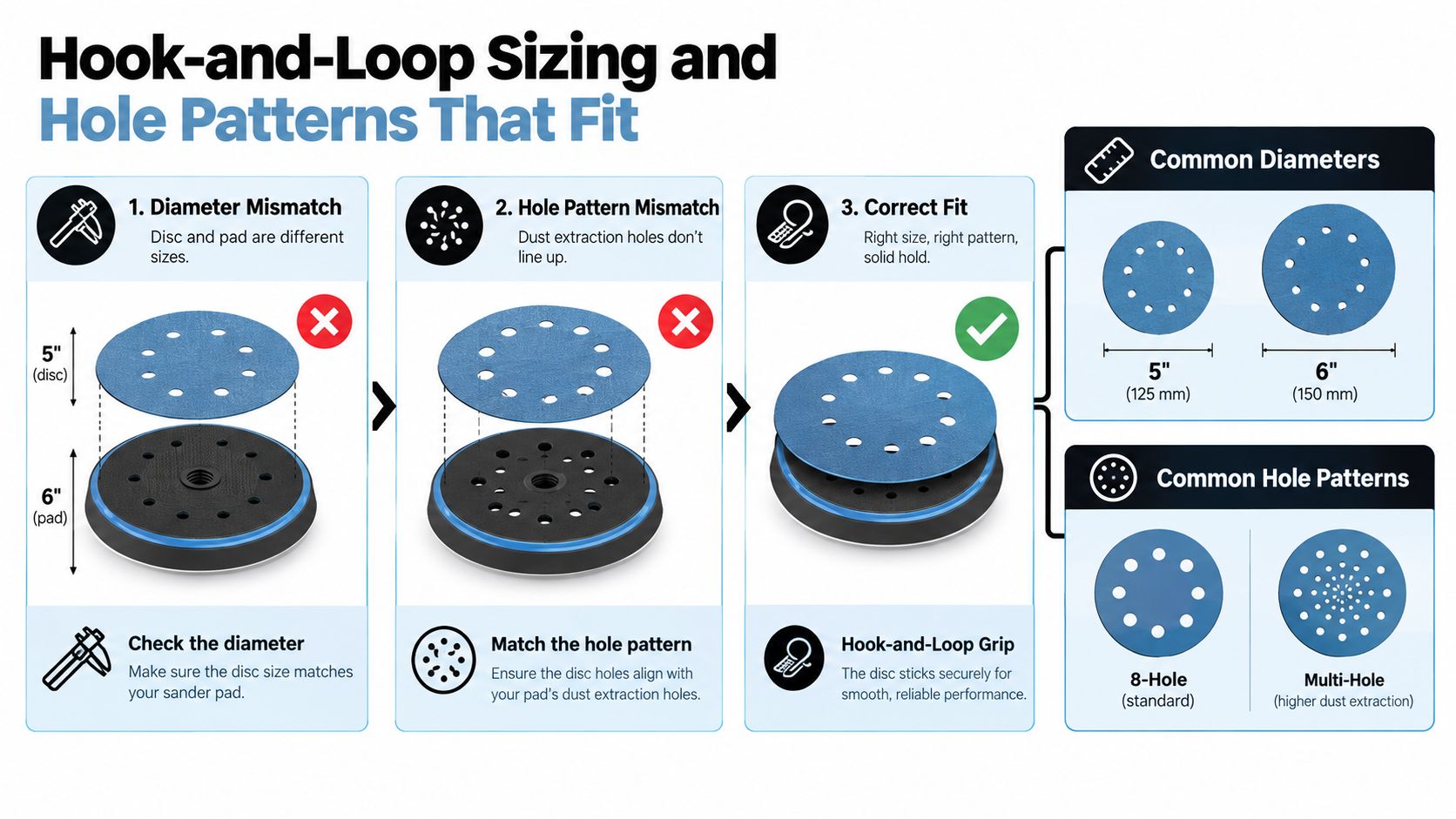 A diagram explaining how to match sanding disc sizes and dust extraction hole patterns for sanders.