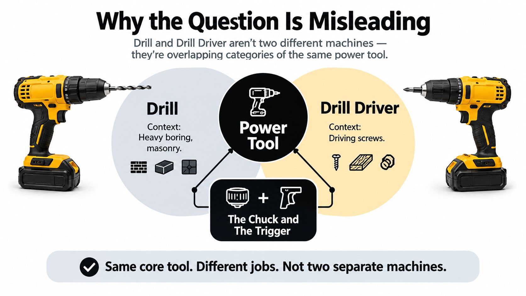 An infographic explaining that drills and drill drivers are the same tool used for different tasks.