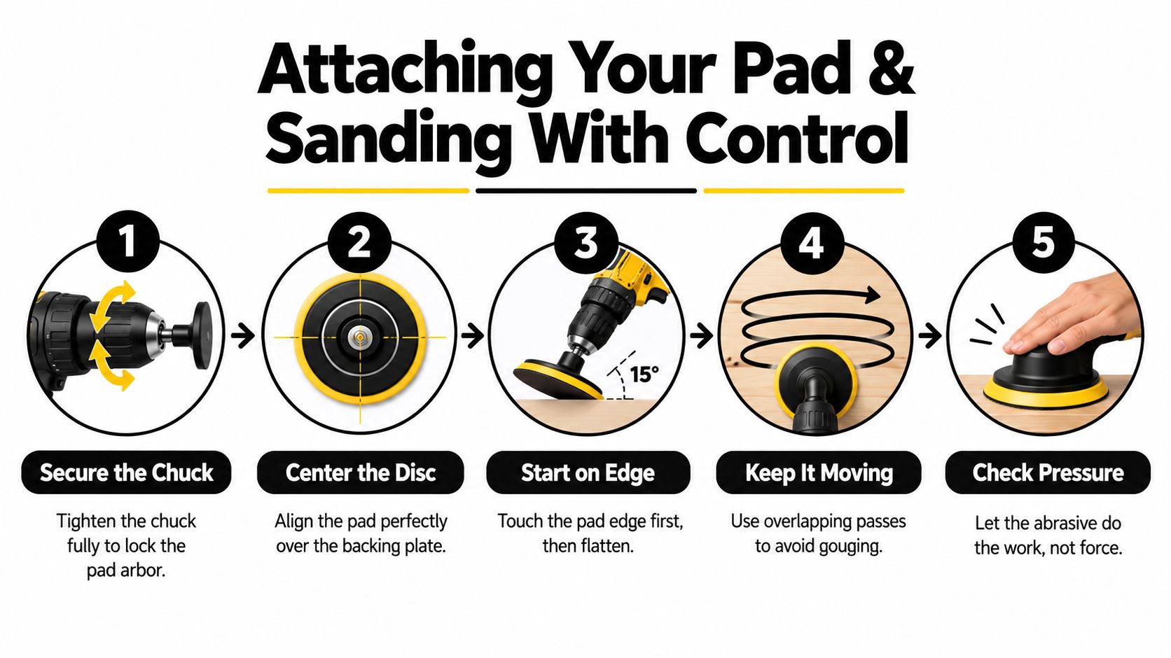 A five-step instructional guide on how to attach a sanding pad to a drill and sand effectively.