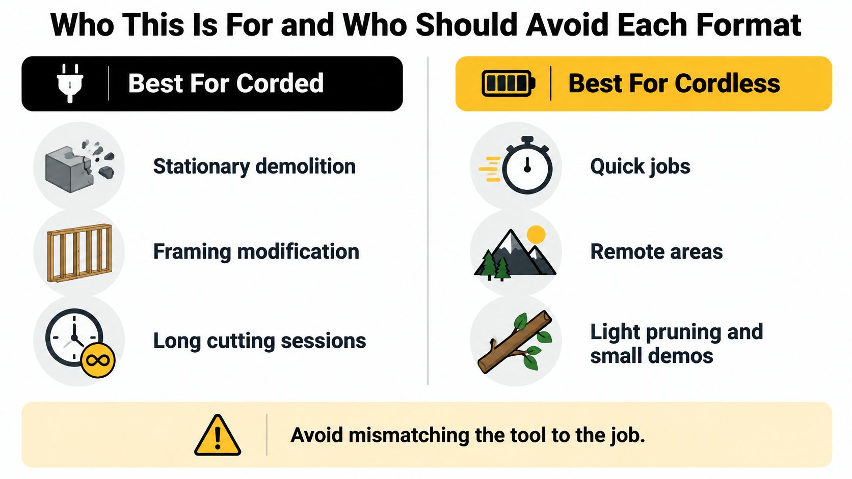 A comparison chart showing when to use corded versus cordless tools for various construction and cutting tasks.