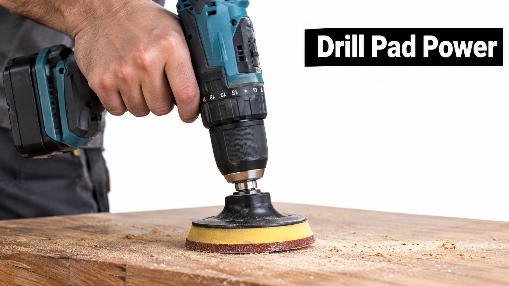 A worker uses a power drill equipped with a sanding pad to sand down a wooden surface.