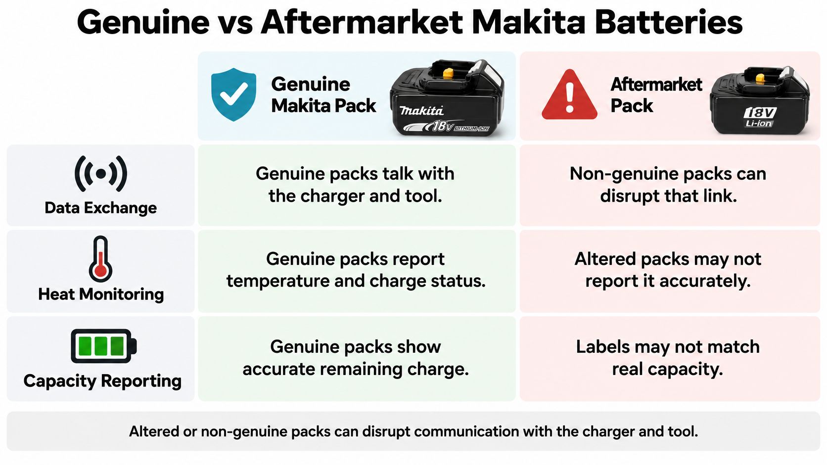 A comparison chart showing the differences between genuine Makita batteries and aftermarket Makita battery packs.