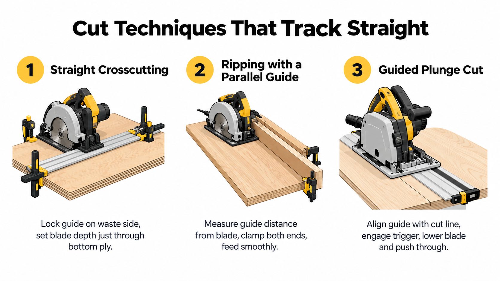 A graphic showing three different circular saw cutting techniques using a guide for straight, accurate cuts.