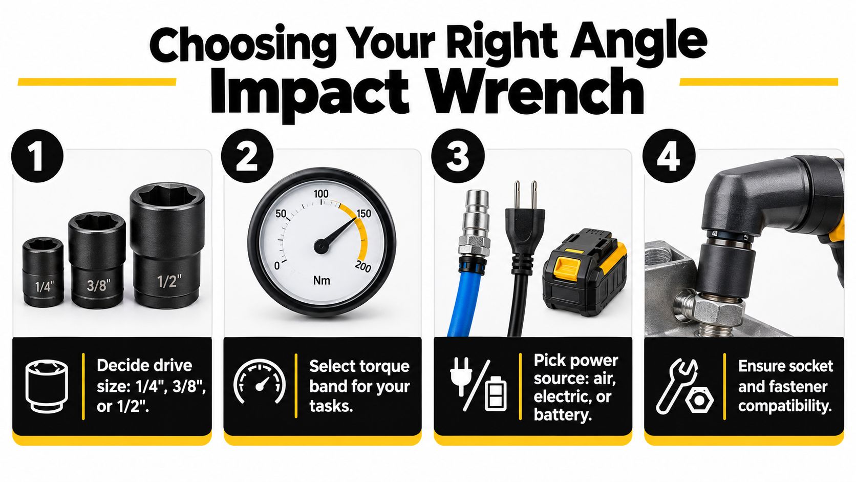 An infographic detailing four key factors for choosing the right angle impact wrench for your projects.