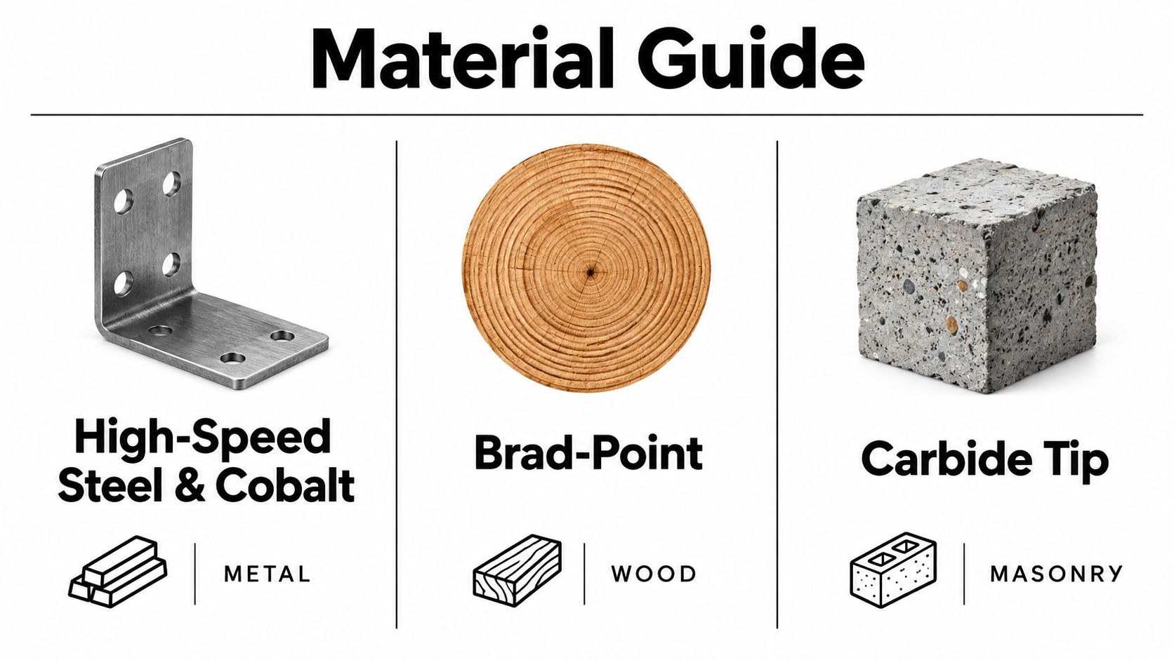 A material guide infographic showing drill bit types for metal, wood, and masonry applications with icons.