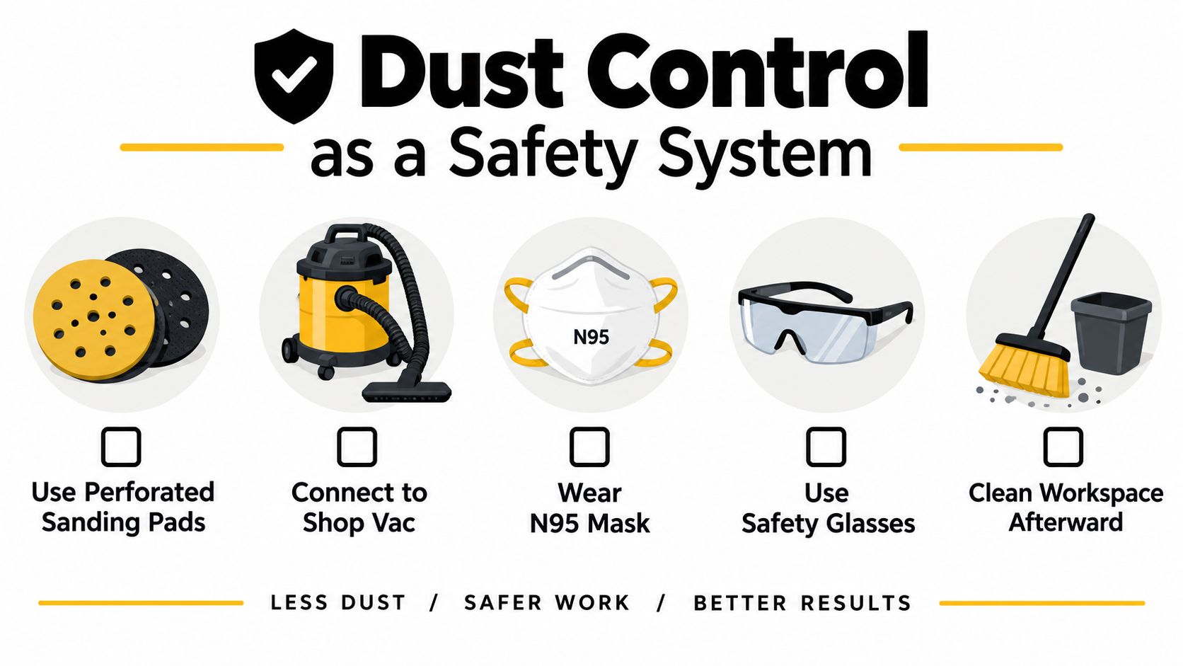A safety checklist illustration for dust control featuring sanding pads, a vacuum, N95 mask, and glasses.