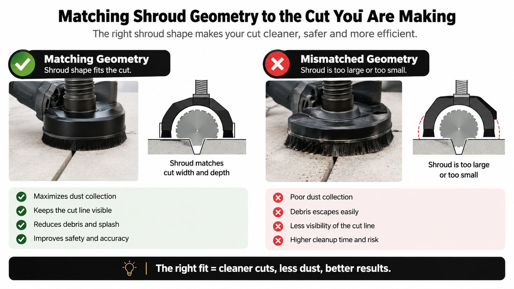 Comparison of proper and improper angle grinder dust shroud usage for cleaner and safer construction cutting.