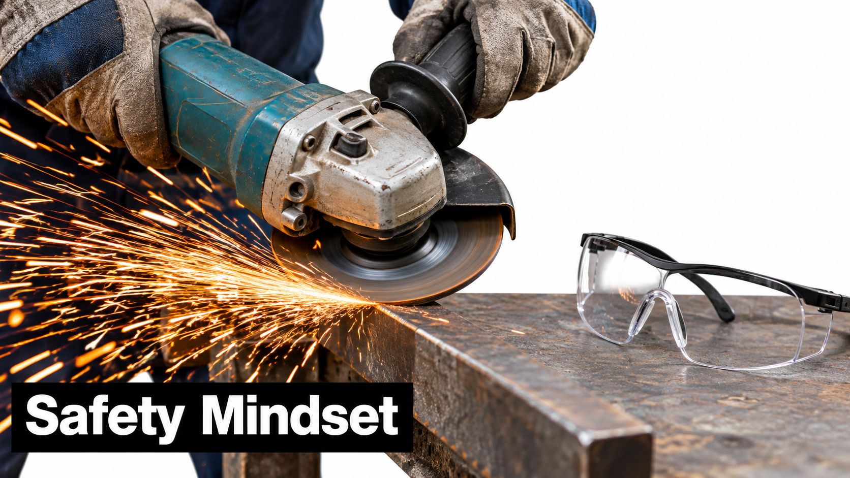 A close-up of a worker using an angle grinder on metal, with safety glasses resting nearby.