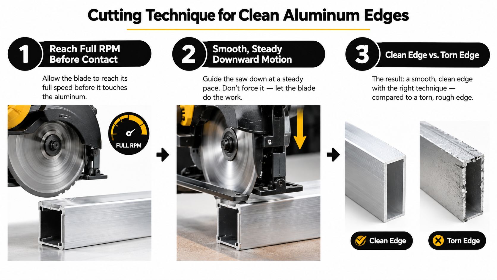 An instructional graphic demonstrating the proper cutting technique for achieving clean edges when sawing aluminum extrusions.