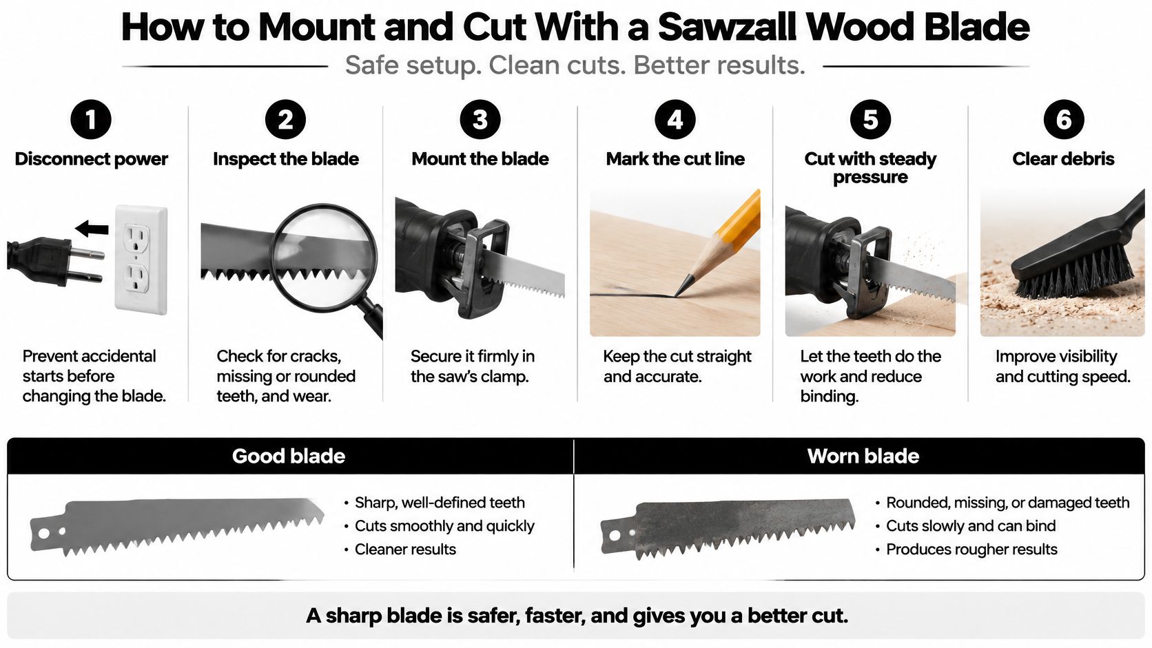 An infographic showing six steps for safely mounting and using a Sawzall wood cutting blade properly.