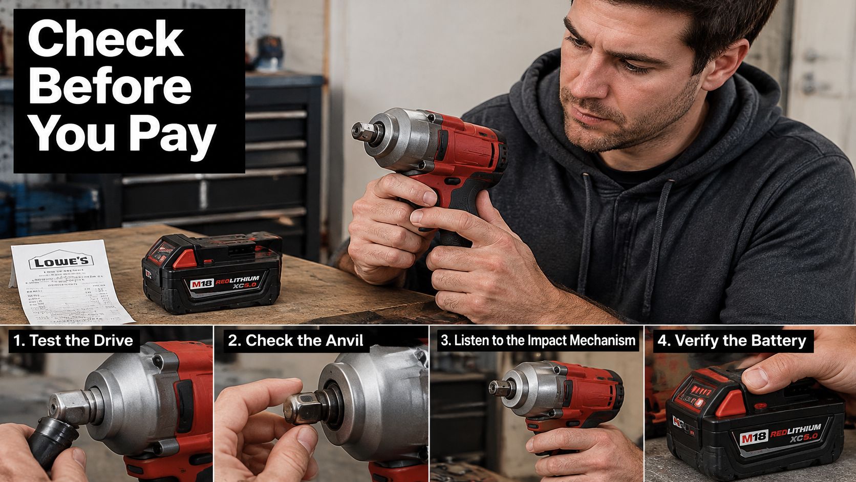 A man demonstrating four steps to inspect a used Milwaukee impact wrench before purchasing it.